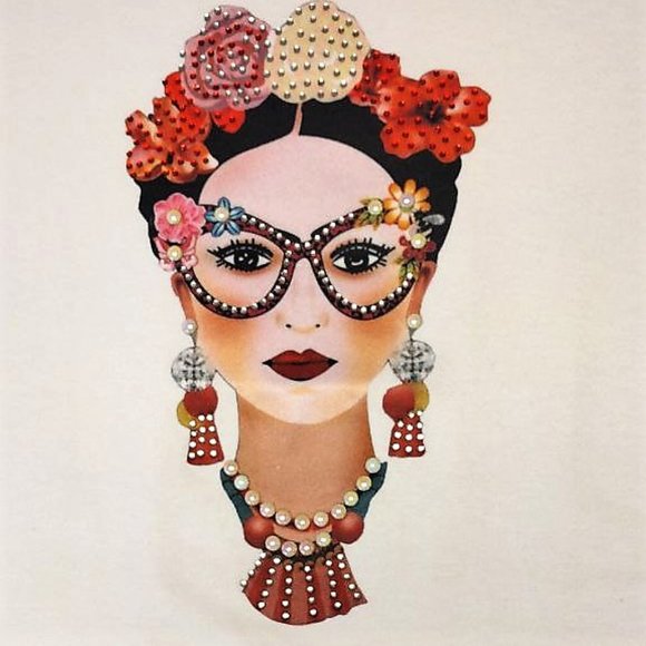 FRIDA Sublimated w/Rhinestone L, Bling Tee, Exclusive. Handmade. WHITE - Picture 4 of 7